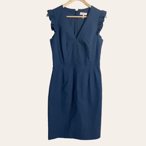 Rebecca Taylor Navy Blue Tailored Stretch Modern Ruffled Sheath Dress Size 6 - Picture 3 of 13